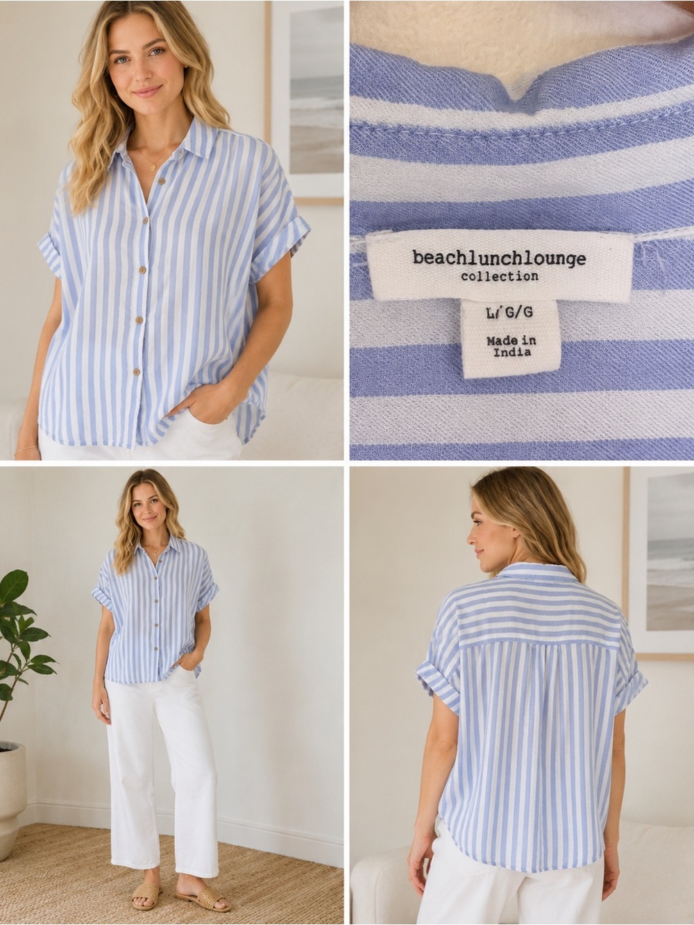 BeachLunchLounge Blue White Striped Button Down Shirt L